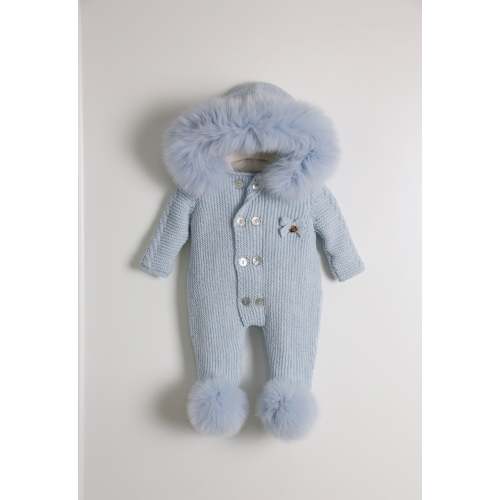 BLUE MI LOVES SIGNATURE Fox fur trim/pompoms Baby ANGEL pramsuit.