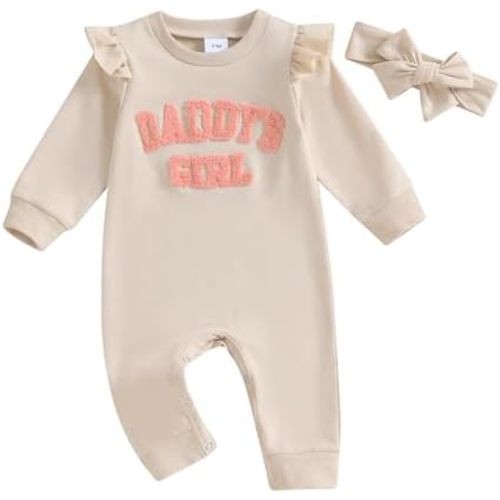 Newborn Baby Girl Romper Daddy's Girl Ruffle Long Sleeve Jumpsuit Headband Infant Fall Winter Clothes