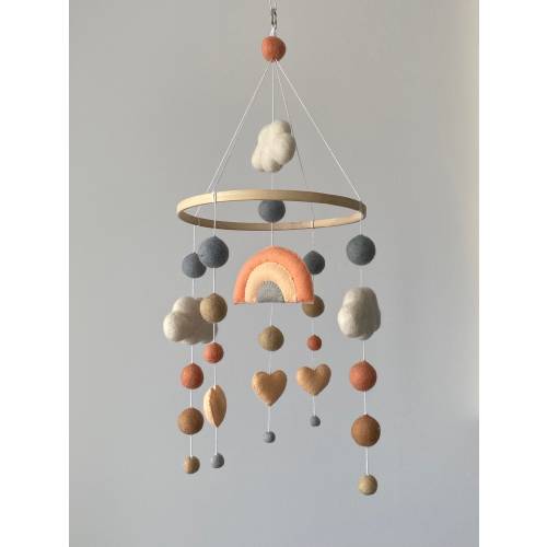 Rainbow Baby Mobile: Wool Felt Hearts, Clouds Nursery Decor