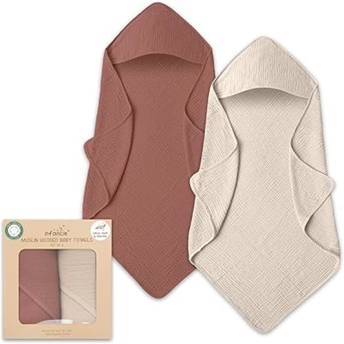 Organic Cotton Muslin Baby Hooded Towels - 32x32 Inch, 2 Pack Newborn Bath Towels for Boys & Girls, Soft & Absorbent Bath Set (Rust/Ivory)