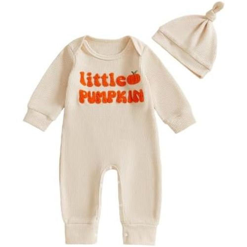 Karuedoo Newborn Baby Boy Halloween Outfit Little Pumpkin Embroidered Waffle Knit Romper Jumpsuit with Hat Coming Home Outfit