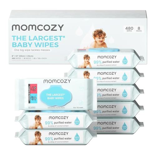 Momcozy Water Baby Wipes-Extra Large Size Design, 99% Water Based Wipes, Unscented & Hypoallergenic, Cleansing & Moisturizing Baby Wipes for Sensitive Skin, 8 Flip-Top Packs (480 Wipes Total)