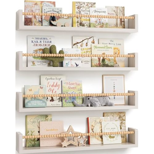 Nursery Floating Shelves for Wall Set of 4, Wooden Nursery Book Shelves, Baby Room Wall Shelves for Nursery Decor, Kids Bookshelf for Bedroom, Girl & Boy Nursery Decor (White Wood, 23 Inches)