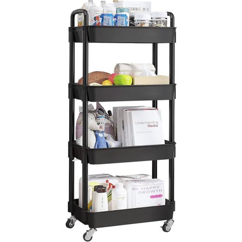UDEAR 4-Tier Rolling Utility Cart with 12 Category Labels,Multifunctional Storage Shelves with Handle and Lockable Wheels for Room,Office,Kitchen,Bathroom,Black