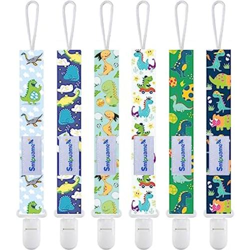 Smlpuame Baby Pacifier Clip for Boys Girl,6 Pack Stylish Binky Clips Strap,Paci Holder with Clips Universal Lightweight Fits Most Pacifiers Teeher Toy Teething Ring Soothie,Baby Gifts(Dinosaur-2)