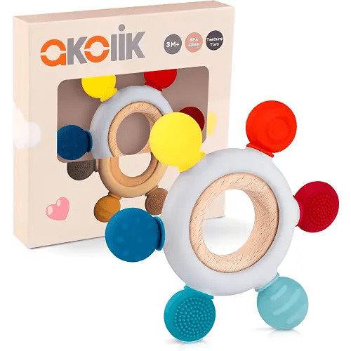 akolik Teething Toys for Babies, Baby Teethers Toy Teething Ring Silicone, Grasping Teething Toy, BPA Free Teething Nursing Accessories for 3+ Months Boy, Girl Toddlers (Rudder D)