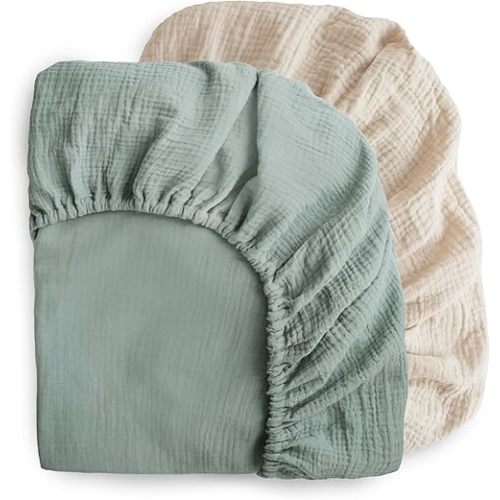 mushie Extra Soft Muslin Fitted Crib Sheet 2-Pack | 192 Thread Count | 28"x 52" (Roman Green/Fog)