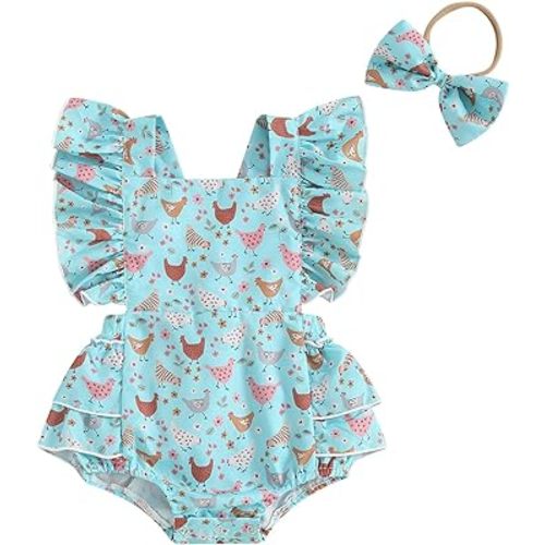 Karuedoo Newborn Baby Girl Farm Outfit Chicken Print Ruffle Sleeveless Romper Jumpsuit Bodysuit with Headband Country Clothes