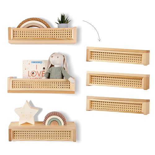 Rattan Shelf 3 Pack, 16 inch Nursery Shelves for Wall, Rattan Decor Boho Shelves, Rattan Bookshelf for Nursery, Floating Book Shelves for Wall, Nursery Shelf, Nursery Book Shelves, Rattan Wall Shelf