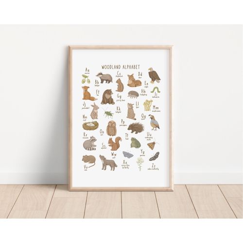 Woodland Alphabet Printed art print,  Printed and shipped Watercolor woodland alphabet printed on high archival paper WA1-A1