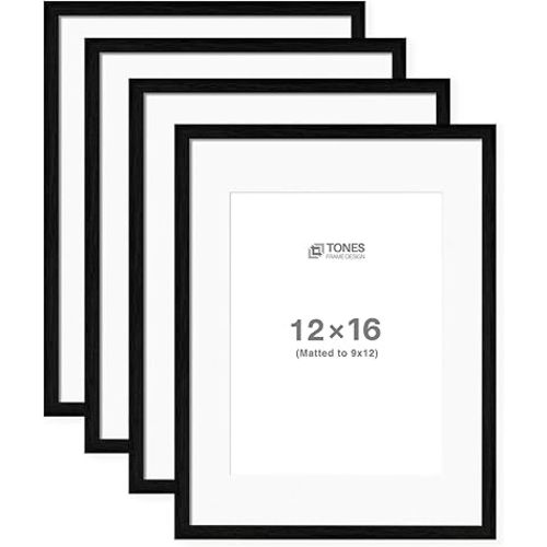 12x16 Picture Frame Set of 4, Display Pictures 9x12 with Mat or 12x16 Without Mat, Black Photo Frame with Plexiglass Cover for Wall Mounting Display