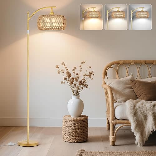 ROTTOGOON Rattan Floor Lamps for Living Room, Boho Standing Lamps with Rattan& Linen Double Shades, Arc Lamps Floor Standing with 9W Bulb, Foot Switch, Bohemian Floor Lamps for Bedroom, Office-Gold