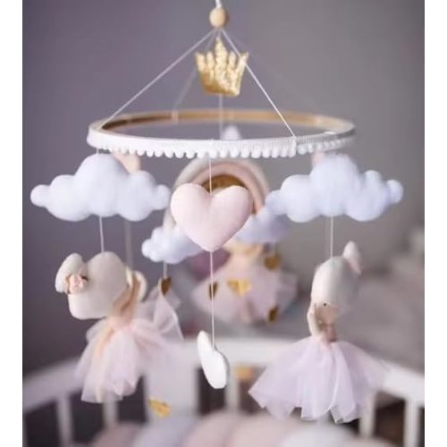 Nursery Mobile with Ballerinas, Clouds and Crown, Pink and Gold Baby Crib Mobile