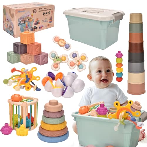 Montessori Toys for 1 Year Old,Baby Toys 6-12 Months,Stacking Building Blocks & Soft Infant Teething Toys & Matching Eggs for Toddlers 0-3-6-9-12 Months,Baby Boys&Girls Gifts(7 in 1)