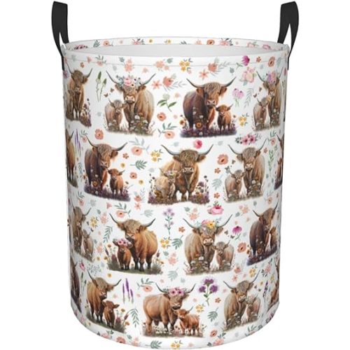 Highland Cow Print Laundry Hamper Large Laundry Basket Foldable Dirty Clothes Toys Organizer Bag With Handles For Bathroom,Bedroom,College Dorm