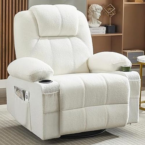 Swivel Rocker Recliner Chair with Heat and Massage, 360 Degree Swivel Rocking Single Sofa with Cup Holders and USB Port, Big Large Oversized Recliner Chair for Living Room (Fabric, White)