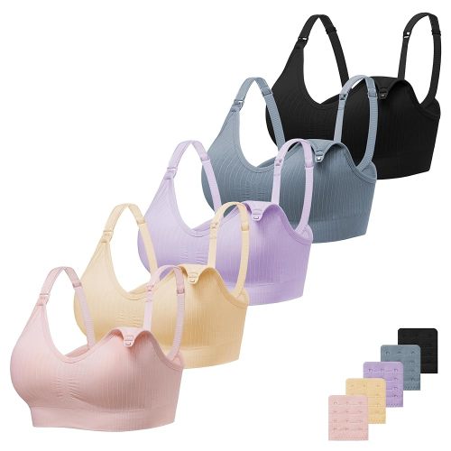Angelhood Ribbed Nursing Bra Wireless V Neck Maternity Nursing Bra Low Cut Bralette Sleeping Breastfeeding with Extenders
