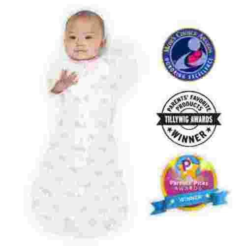Amazing Baby Transitional Swaddle Sack with Arms Up Half-Length Sleeves and Mitten Cuffs, Better Sleep for Baby Girl, Tiny Elephants, Pink, Small, 0-3 Mo, 6-14 lbs