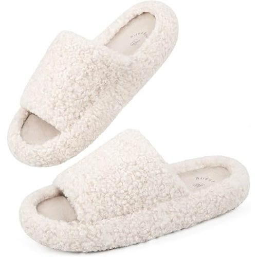 FamilyFairy Women's Fuzzy Slippers Comfy Open Toe Memory Foam House Shoes for Indoor Outdoor