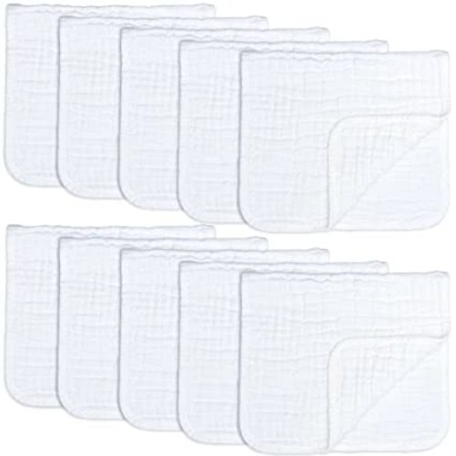 Muslin Burp Cloths 10 Pack Large 100% Cotton Hand Washcloths 6 Layers Extra Absorbent and Soft (White, Pack of 10) - Pack Of 10