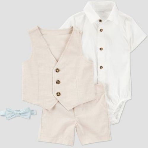 Carter's Just One You®️ Baby Vest & Shorts Set - Tan Infant 3-Piece Cotton Outfit, Button-Down Vest, Bodysuit, Pull-On Shorts