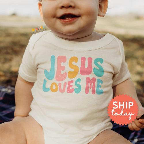 Jesus Loves Me Onesie®, Religious Gifts For Newborn, Scripture Baby Bodysuit, Baby Christian Outfit, Church Clothes, (BC-REL35)