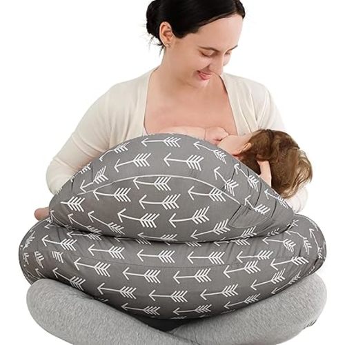 Yoofoss Nursing Pillow for Breastfeeding, Plus Size Breastfeeding Pillows, Breast Feeding Pillows for Mom and Baby with Adjustable Waist Strap and Removable Cover, Arrow Grey