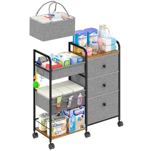 Cidaziya 2In1 Baby Diaper Caddy Organizer and Storage, 3 Tier Rolling Cart with Dividers and Drawers, Mobile Utility Cart Baby Dresser Clothes Organizer for Changing Table, Crib Nursery, Bedroom, Grey