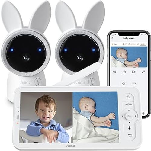 ARENTI Split-Screen Video Baby Monitor, Audio Monitor with Two 2K UHD WiFi Cameras,5" Color 720P Display,Night Vision,Cry Detection,Motion Detection,Temp&Humidity Sensor,Two Way Talk,App Control