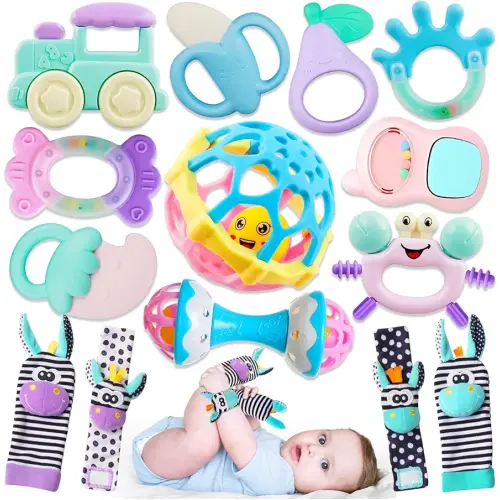 Baby Toys 0-6 Months - Baby Rattles Teething Toys 3-6 Month Infant Toys 6-12 Months Teether Toy 3 4 5 6 Month Old Newborn Essentials Must Haves Wrist Socks Christmas Gifts Valentines Gifts for Kids