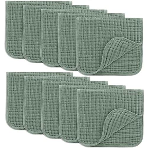 Comfy Cubs Muslin Burp Cloths Set Large 100% Cotton Hand Washcloths for Babies, Baby Essentials 6 Layers Extra Absorbent and Soft Boys & Girls Baby Bibs & Burp Cloths Set (Fern, 10-Pack, 20" X10")