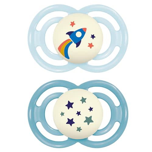 MAM Perfect Night Baby Pacifier, Patented Nipple, Glows in The Dark, 2 Pack, 16+ Months, Blue/Boy