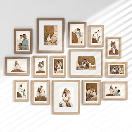 Venusmiles 15 Pack Picture Frames Collage Wall Decor, Gallery Frame Set for Wall Mounting or Tabletop Display, Multi Sizes Including 3pcs 8x10, 6pcs 5x7, 6pcs 4x6, Oak
