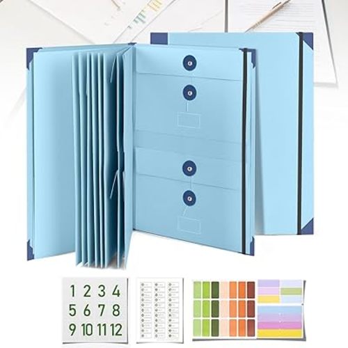 Document Organizer, File Folder with Labels and Pockets, Expanding Storage Folder for Important Papers, Emergency Binder, Birth Certificates and Letters, Ideal for Home Files Organization (Blue)