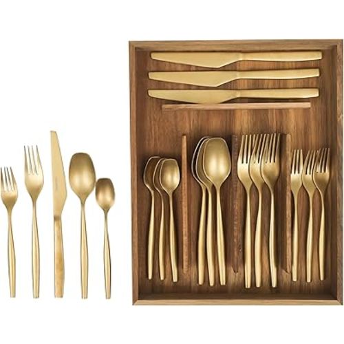 Bloomhouse - Two Time Oprah's Favorite Things Winner - 20 Piece Stone Washed Gold Flatware 18/10 Stainless Steel Silverware Cutlery Utensil Set With Acacia Wood Caddy - Service for 4