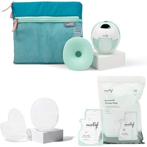 Motif Medical Aura Glow Hands-Free Breast Pump for Breastfeeding Bundle with Breast Milk Collector Cups and 100ct Milk Storage Bags w/Easy Pour Spout
