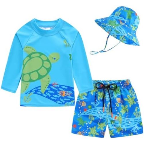 Toddlers and Baby Boys' 3-Piece Swimsuit Trunk Rashguard Set and Sun Hat Swimwear Bathing Suit Sunsuit Swim Shirt UPF 50+