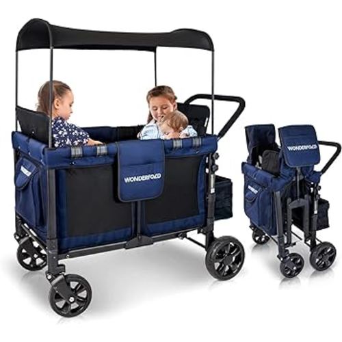 WONDERFOLD W4 Original Quad Stroller Wagon (4 Seater) - Collapsible Wagon Stroller with Seats with 5-Point Harnesses, Easy Access Zipper Door, and Removable Sun Canopy, Navy