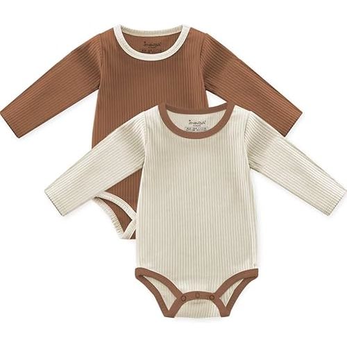 Baby Girls Boys Long Sleeve Bodysuits, Organic Cotton Waffle Gender Neutral Romper 2 Packs(0-24 Months)