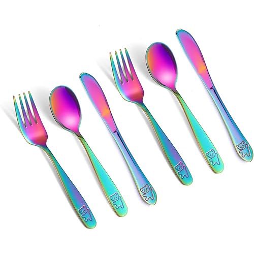 Pimoys 6 Pieces Rainbow Kids Silverware Stainless Steel Child and Toddler Utensils, Children's Safe Flatware Metal Cutlery Set Includes 2 Children Knives, 2 Forks & 2 Spoons