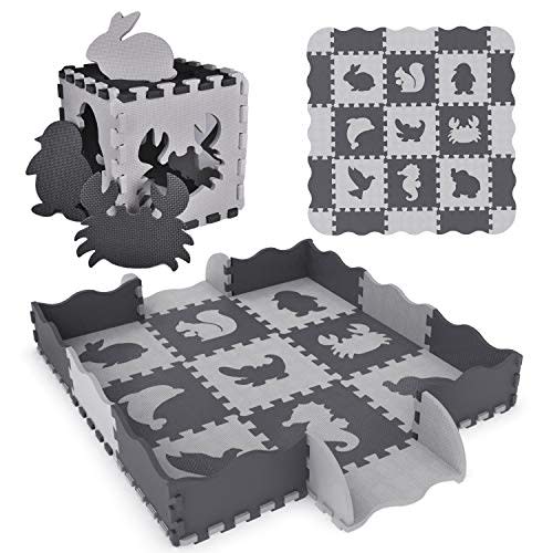 FUN LITTLE TOYS 25PCs Baby Play Mat with Fence Including 9 Different Animal Styles, Thick (0.47") Interlocking Foam Floor Tiles, Kids Room Decor Large Mat