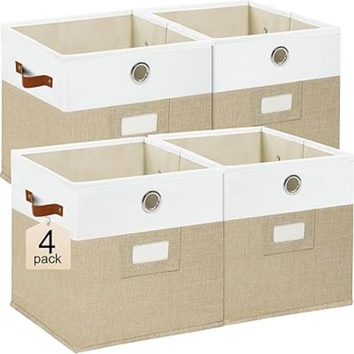 11x11 Cube Storage Organizer Bins Set of 4,foldable Storage Bins with Label,Cubby Storage Organizer with Metal pull ring and Leather Handles(Beige/White)