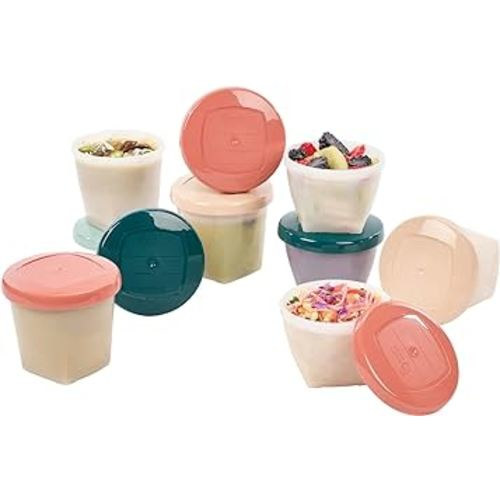 Babymoov Juego de 16 tarros ecológicos de comida para bebés (8 x 6 onzas + 8 x 8.45 onzas), recipientes de almacenamiento sin BPA hechos de caña de azúcar de origen biológico, tapas de silicona a