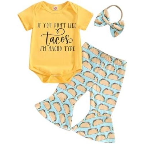 Chloefairy Baby Girl Summer Clothes If You Dont Like Tacos Im Nacho Type Romper Bell-Bottoms Flare Pants Set Headband 0-12M