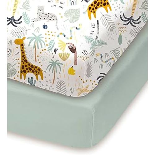 Pack and Play Sheets Fitted, Soft Green+Giraff, Breathable and Cozy, Hypoallergenic, 2 Pack for Boys and Girls