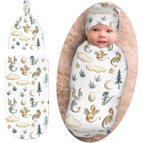 Cute Dragon Print Swaddle Blanket with Beanie Set, Cloud Moon Star Dragons Egg Swaddle Sack Newborn Sleeping Sacks for Girls Boys