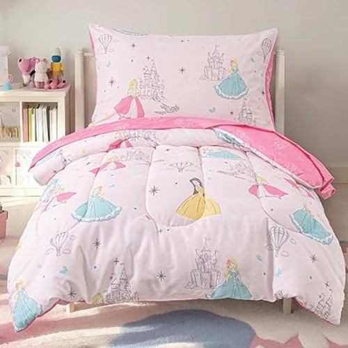PHF 4 Piece Toddler Bedding Set, Ultra Soft Toddler Comforter Sets Include Comforter, Fitted Sheet, Flat Top Sheet and Pillowcase for Girls, Bed in A Bag for Toddler Bedroom, Princesses