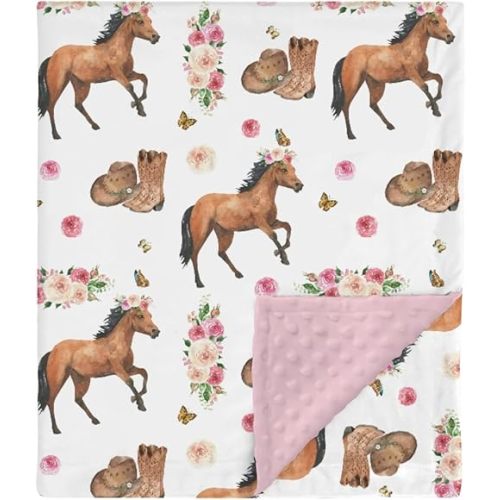 HawSkgFub Pink Horse Rose Floral Mink Baby Blankets Dotted Backing Girl Shower Gift, Western Cowgirl Flower Wild West Double Layer Nursery Swaddle, Soft Newborn Infant Toddler Bed Crib Bedding 30 x 40