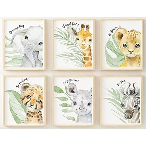 Baby Safari Animals Wall Art Prints - Nursery Decor - Set of 6-8x10 - Jungle Nursery Room Pictures for Baby Girl Boy Kids - Motivational Quotes - Watercolor - Unframed -