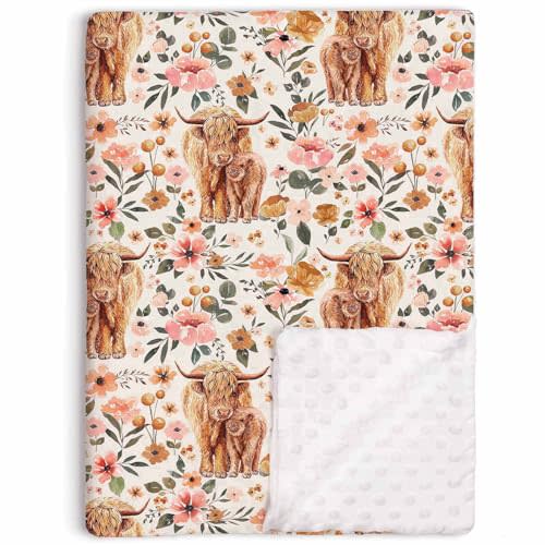 Highland Cow Boho Floral Baby Blanket Unisex, Soft Newborn Minky Blankets with Double Layer Dotted Backing, Farmhouse Themed Receiving Blankets, Toddler Baby Nursery Bed Crib Shower Gifts, 30"x40"